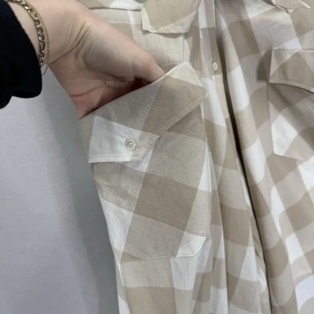 Sara Roka Drake Belted Dress‎ Womens 40 Beige Linen Gingham Shirt Midi Cottage